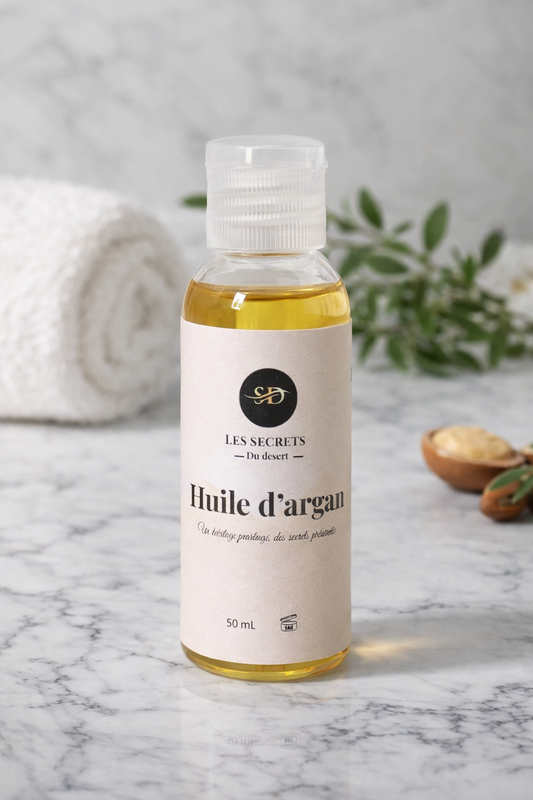 Huile d’argan pure 50 ml Les Secrets du Désert – huile naturelle hydratante pour visage, cheveux et peau